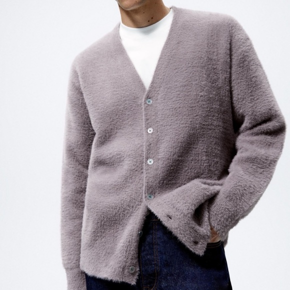 Zara men’s soft textured cardigan dusty mauve sz L NWT - Picture 5 of 8